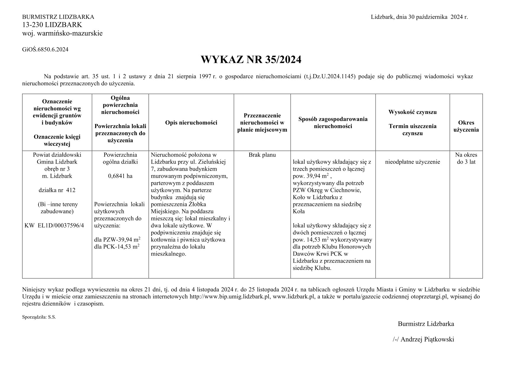 Wykaz Nr 35/2024 - Nieruchomość zabudowana do użyczenia - Lidzbark, ul. Zieluńska 7, obr. 3 dz. nr 412 ob